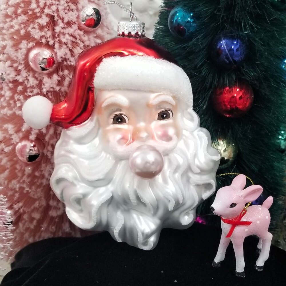 Cute Blown Glass Santa Blowing Pink Bubble Christmas Ornament